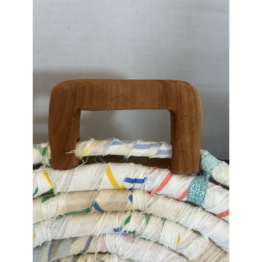 Vintage Handmade Rag Fabric Blue Basket With Handle Farmhouse Decor Cottage - Picture 5 of 16